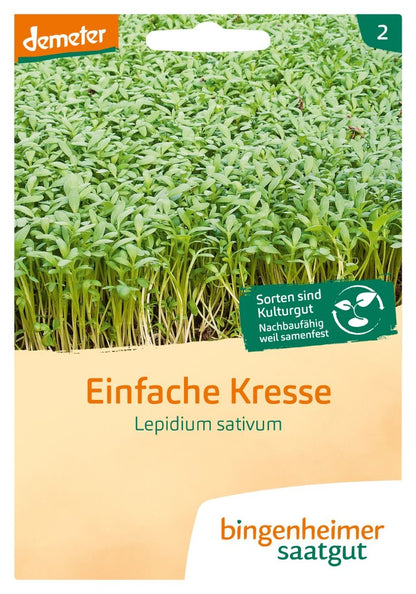 Saatguttüte Bio Einfache Kresse von Bingenheimer Saatgut mit Kressepflanzen