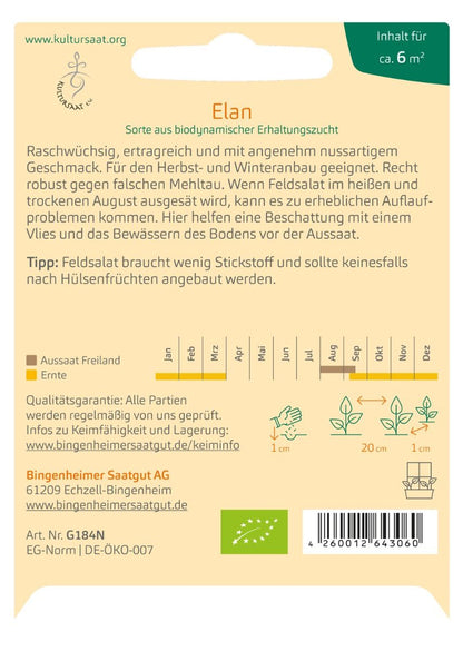 Rückseite Saatgutpackung ‘Elan’ – Aussaatkalender, Saattiefe 1 cm, Reihenabstand 20 cm, robust gegen Falschen Mehltau