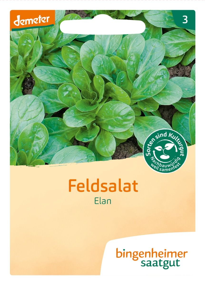Feldsalat ‘Elan’ – samenfestes Saatgut (demeter), Vorderseite der Packung mit kompakten Rosetten
