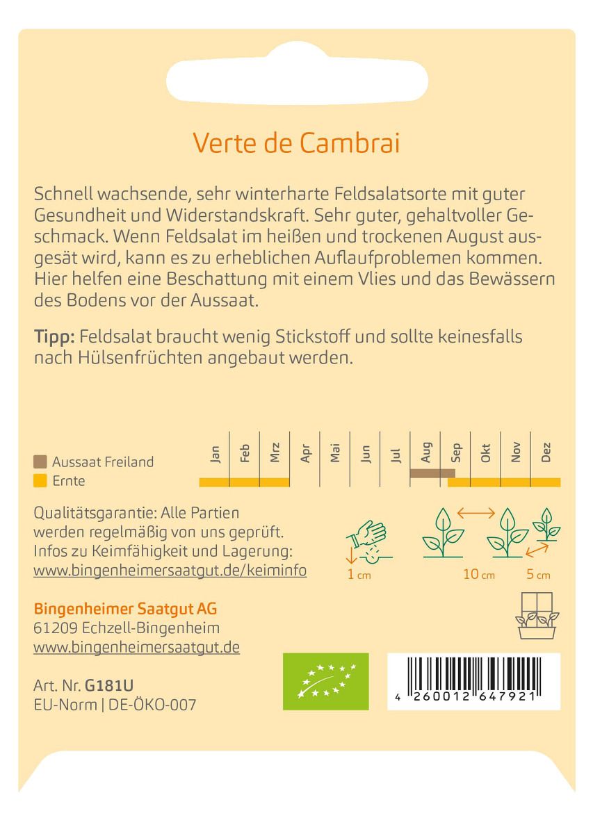 Rückseite Saatgutpackung ‘Verte de Cambrai’ – Aussaatkalender, Saattiefe 1 cm, Abstände 10/5 cm