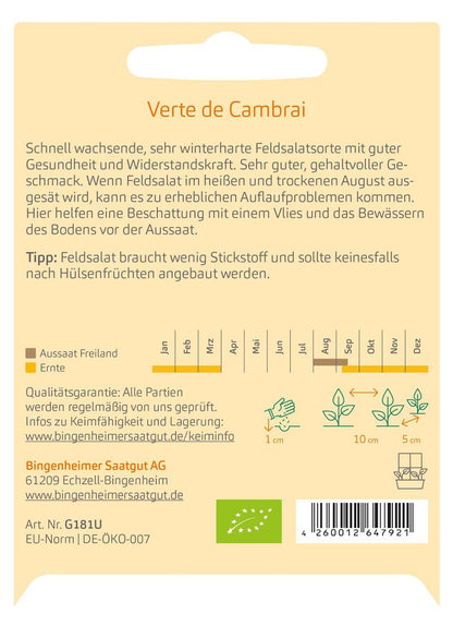 Rückseite Saatgutpackung ‘Verte de Cambrai’ – Aussaatkalender, Saattiefe 1 cm, Abstände 10/5 cm