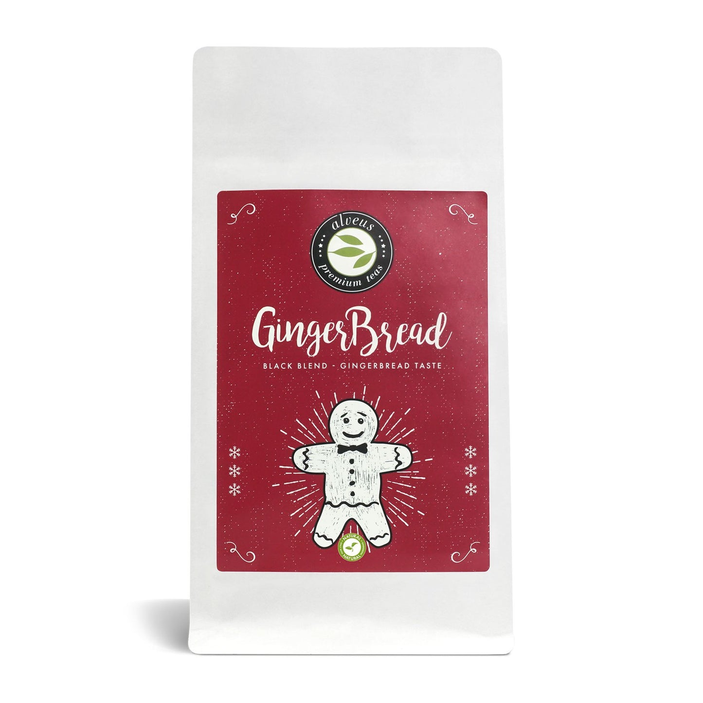 Gingerbread Wintertee in Tüte 100 g – Schwarzer Tee, Lebkuchen-Aroma, Frontansicht.