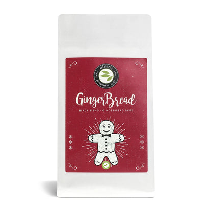 Gingerbread Wintertee in Tüte 100 g – Schwarzer Tee, Lebkuchen-Aroma, Frontansicht.