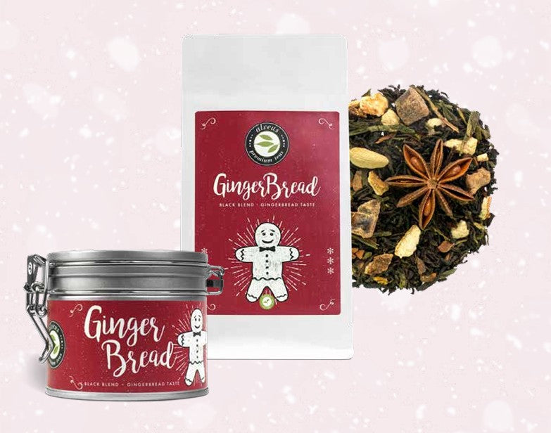 Gingerbread Wintertee – Tüte und Dose mit Blatt-Close-up der Mischung, Schwarzer Tee mit winterlichen Gewürzen.