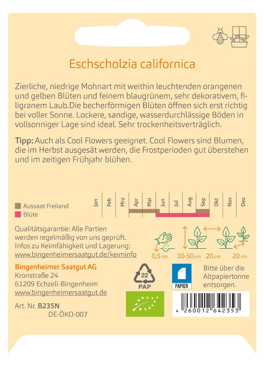 Rückseite der Goldmohn-Saatguttüte mit Aussaat-, Blüte- und Produktangaben