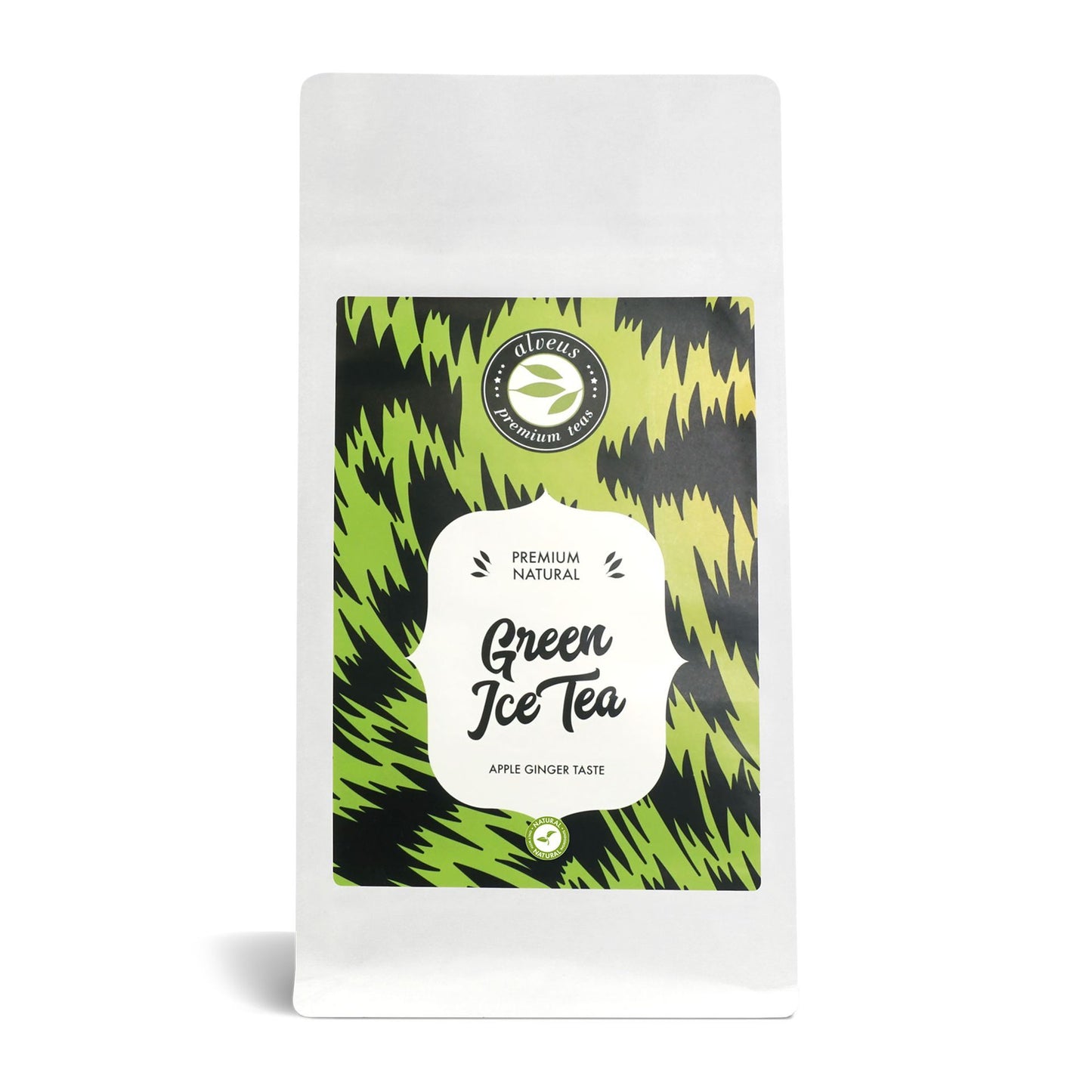 Green Ice Tea von alveus® in der weißen 100-g-Nachfülltüte mit grün-schwarzem Etikett und Apfel-Ingwer-Geschmack