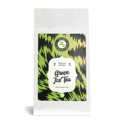 Green Ice Tea von alveus® in der weißen 100-g-Nachfülltüte mit grün-schwarzem Etikett und Apfel-Ingwer-Geschmack