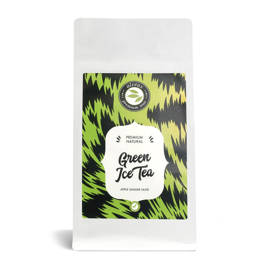 Green Ice Tea von alveus® in der weißen 100-g-Nachfülltüte mit grün-schwarzem Etikett und Apfel-Ingwer-Geschmack