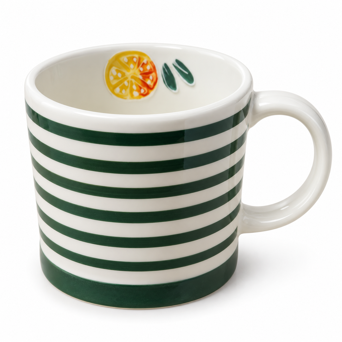 Grün-weiß gestreifter Henkelbecher mit Orangenmotiv innen, ca. 500 ml