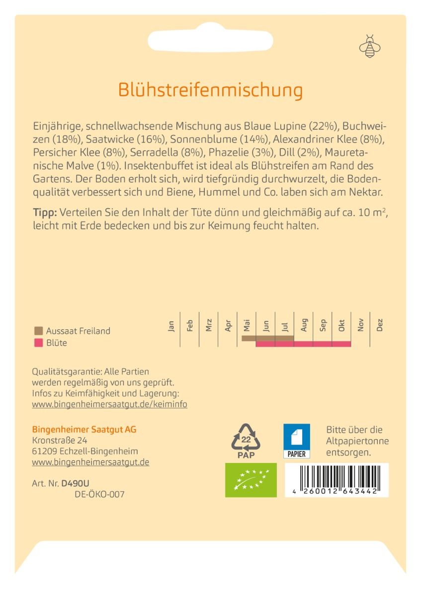 Rückseite der Saatguttüte Insektenbüffet mit Mischung, Aussaatangaben, EAN und Bio-Kontrollstelle