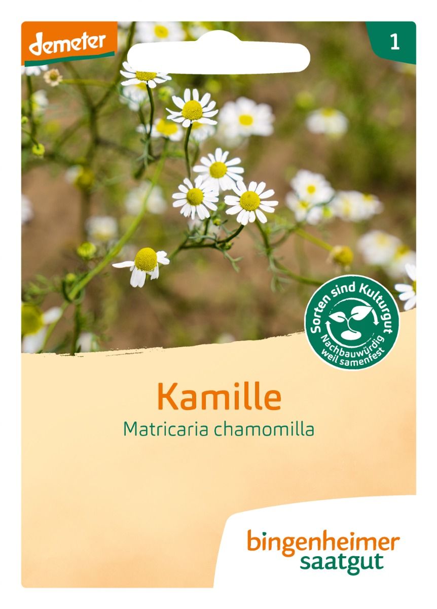 Saatguttüte Vorderseite – Kamille, Matricaria chamomilla (Bingenheimer Saatgut)
