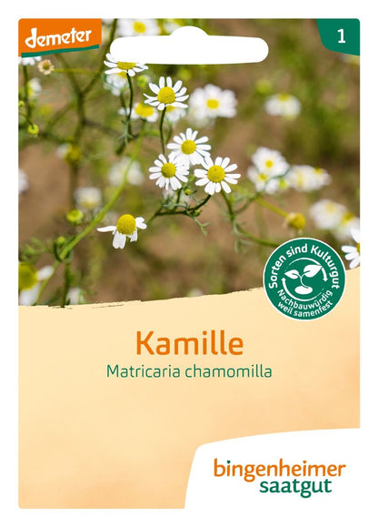 Saatguttüte Vorderseite – Kamille, Matricaria chamomilla (Bingenheimer Saatgut)