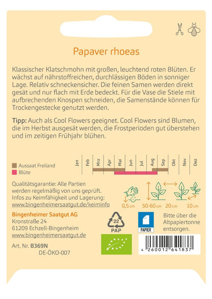 Rückseite der Klatschmohn-Saatguttüte mit Aussaat-, Blüte- und Produktangaben