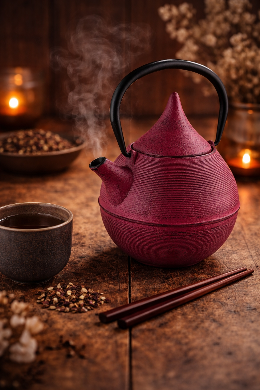 Koro Teekanne rosa im warmen Stimmungsbild – Teeritual mit Dampf
