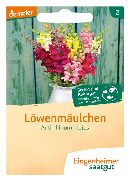 Bingenheimer Saatgut Löwenmäulchen mit bunten Blüten, Demeter-Kennzeichnung und Sortenhinweis
