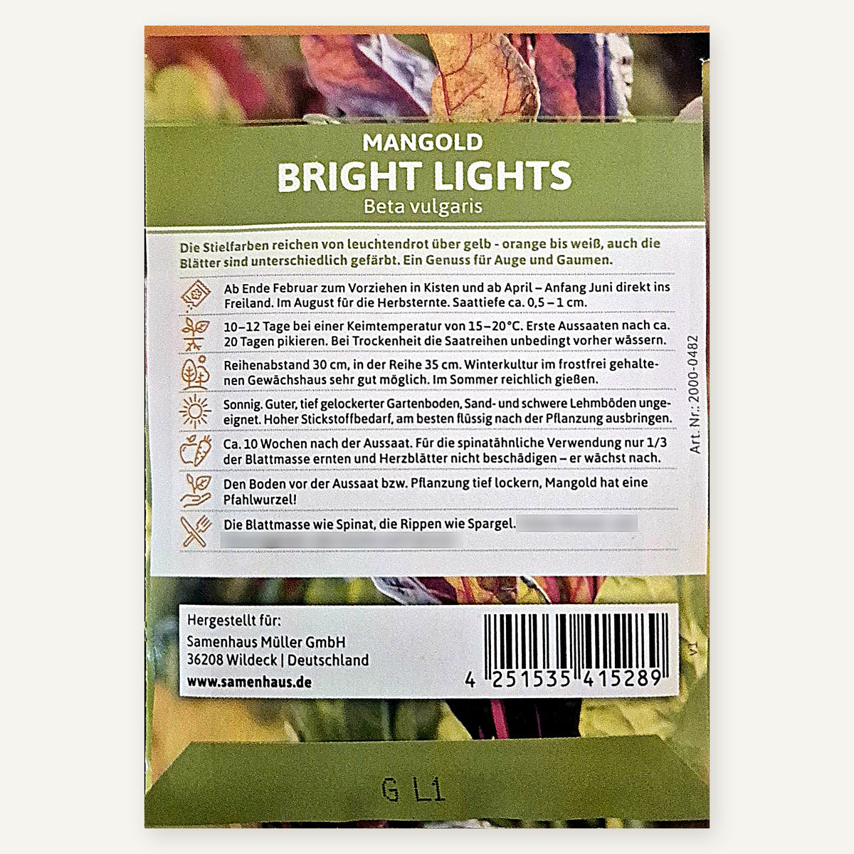 Rückseite der FLORTUS Mangold-Saatguttüte mit Aussaatangaben, Pflanzabständen, Artikelnummer 2000-0482 und Strichcode
