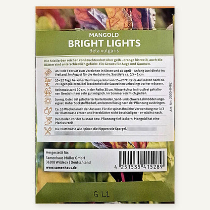 Rückseite der FLORTUS Mangold-Saatguttüte mit Aussaatangaben, Pflanzabständen, Artikelnummer 2000-0482 und Strichcode