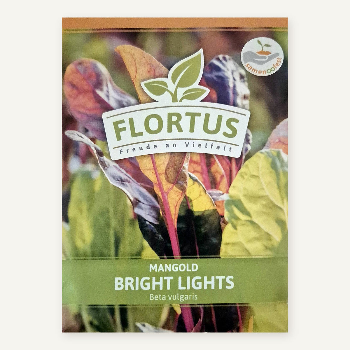 FLORTUS Saatguttüte Mangold Bright Lights mit bunten Mangoldblättern, roten und gelben Stielen und Samenfest-Zeichen