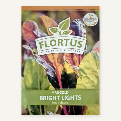 FLORTUS Saatguttüte Mangold Bright Lights mit bunten Mangoldblättern, roten und gelben Stielen und Samenfest-Zeichen