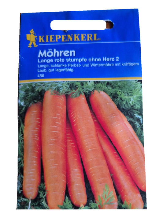Original-Kiepenkerl-Saatguttüte Möhre Lange rote stumpfe ohne Herz 2, Vorderseite mit Möhren auf weißem Hintergrund.
