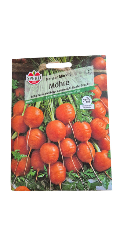 Möhre ‘Pariser Markt 5’ – kugelrunde Karotten (Daucus carota) mit Laub