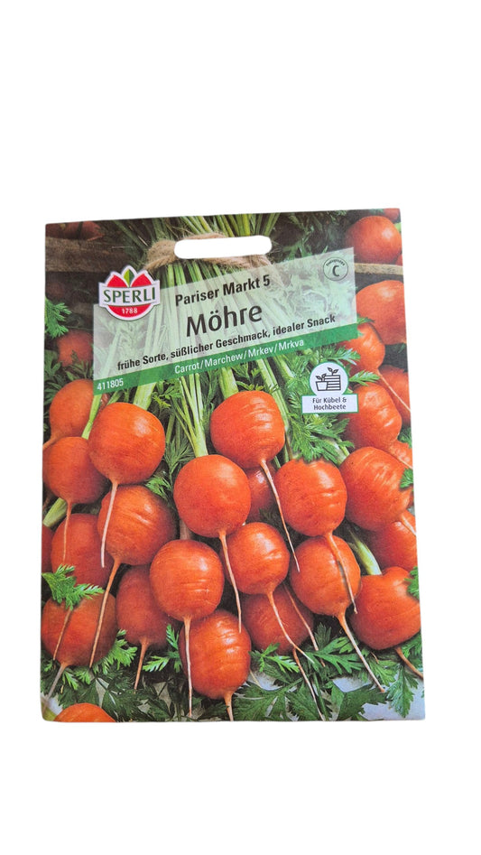 Möhre ‘Pariser Markt 5’ – kugelrunde Karotten (Daucus carota) mit Laub