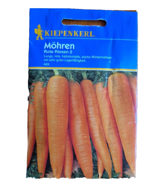 Kiepenkerl Möhrensamen Rote Riesen 2: Vorderseite der Saatguttüte auf weißem Hintergrund.