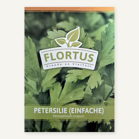 FLORTUS Saatguttüte Petersilie (Einfache) mit Foto glatter, sattgrüner Petersilienblätter und FLORTUS-Logo