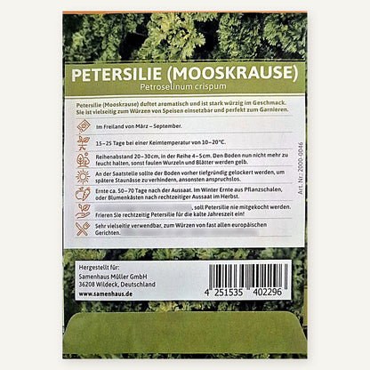 Rückseite der FLORTUS Petersilie-Saatguttüte mit Aussaatangaben, Abständen, Artikelnummer 2000-0046 und Strichcode
