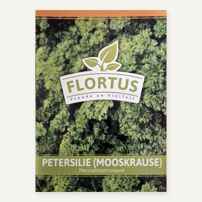 FLORTUS Saatguttüte Petersilie (Mooskrause) mit Foto dicht gekrauster, grüner Petersilie und FLORTUS-Logo