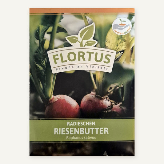 FLORTUS Saatguttüte Radieschen Riesenbutter mit Foto roter Radieschenknollen im Beet und Samenfest-Zeichen