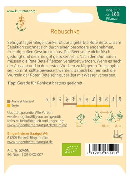 Rückseite Saatgutpackung ‘Robuschka’ – Direktsaat April–Mai, Ernte Juni–November, Saattiefe 3–4 cm, Abstände 30 × 5–10 cm