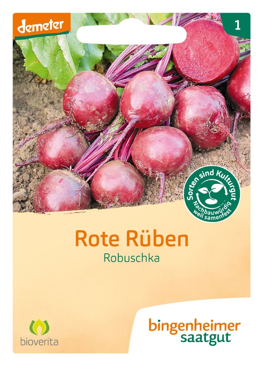 Rote Bete ‘Robuschka’ – demeter Saatgut, Vorderseite mit runden dunkelroten Rüben