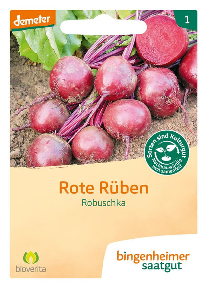Rote Bete ‘Robuschka’ – demeter Saatgut, Vorderseite mit runden dunkelroten Rüben