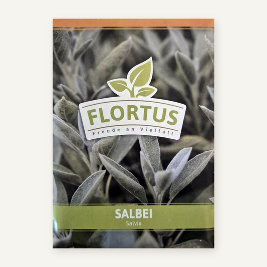 FLORTUS Saatguttüte Salbei (Salvia) mit Foto graugrüner, leicht behaarter Salbeiblätter und FLORTUS-Logo