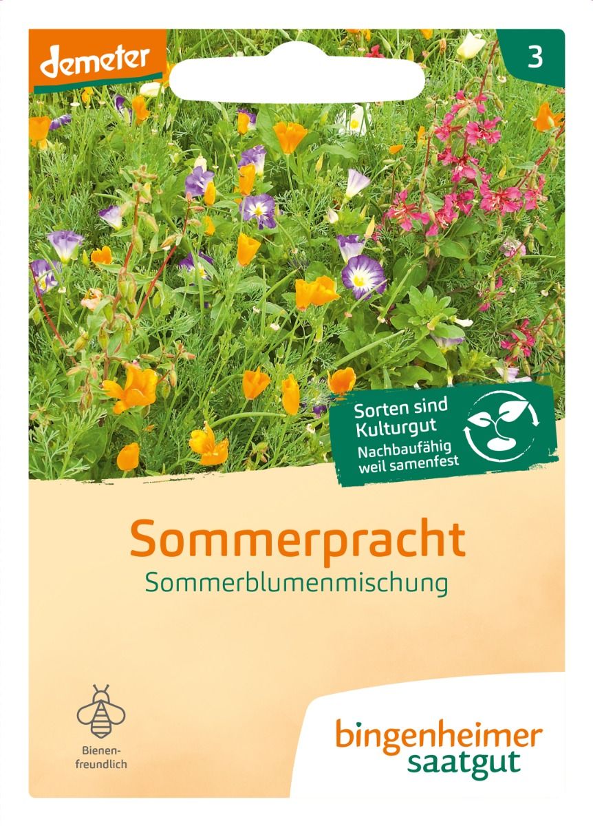 Bio Sommerpracht Sommerblumenmischung von Bingenheimer Saatgut in der Originalverpackung