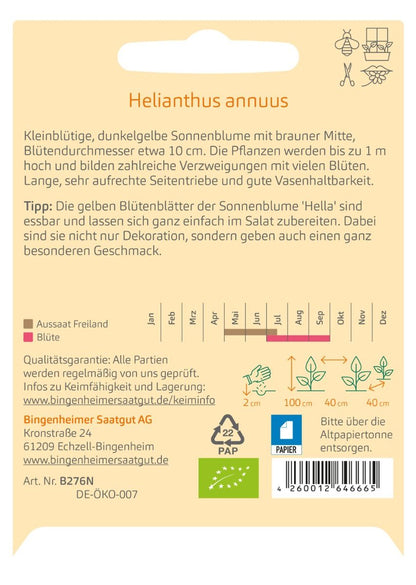Rückseite der Saatguttüte Sonnenblume Hella mit Aussaat-, Blüte- und Produktangaben