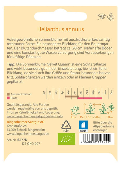 Rückseite der Saatguttüte Sonnenblume Velvet Queen mit Aussaat-, Blüte- und Produktangaben