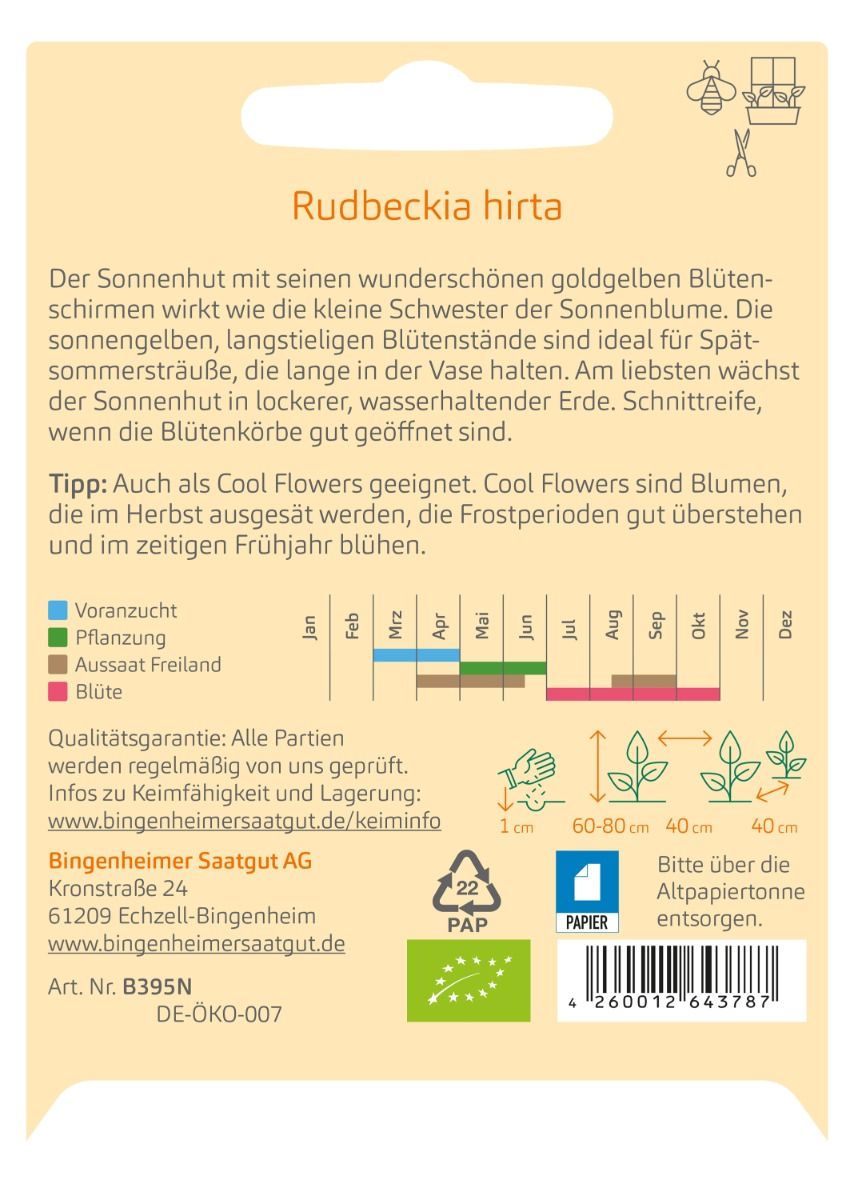 Rückseite der Sonnenhut-Saatguttüte mit Aussaat-, Pflanz- und Blütezeiten