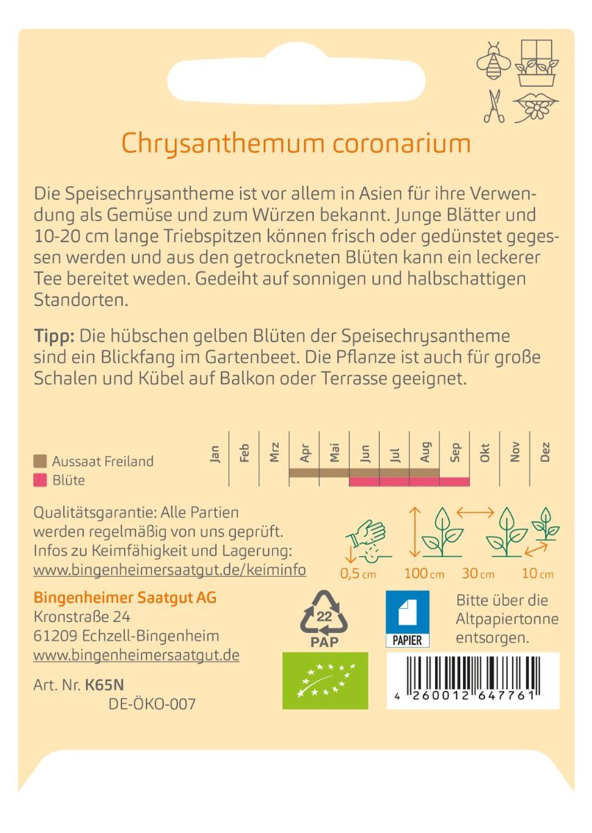 Rückseite der Saatguttüte Speisechrysantheme mit Aussaat, Abständen, EAN und Bio-Kontrollstelle