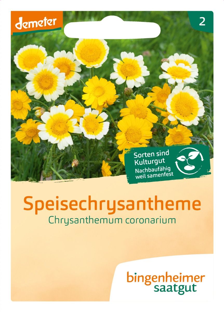 Saatguttüte Bio Speisechrysantheme von Bingenheimer Saatgut mit gelben und weiß-gelben Blüten