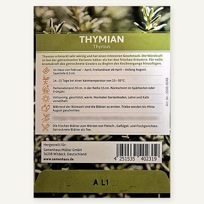 Rückseite der FLORTUS Thymian-Saatguttüte mit Aussaatangaben, Pflanzabständen, Artikelnummer 2000-0048 und Strichcode