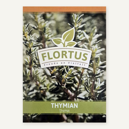FLORTUS Saatguttüte Thymian (Thymus) mit Foto silbrig-grüner Thymianzweige und FLORTUS-Logo
