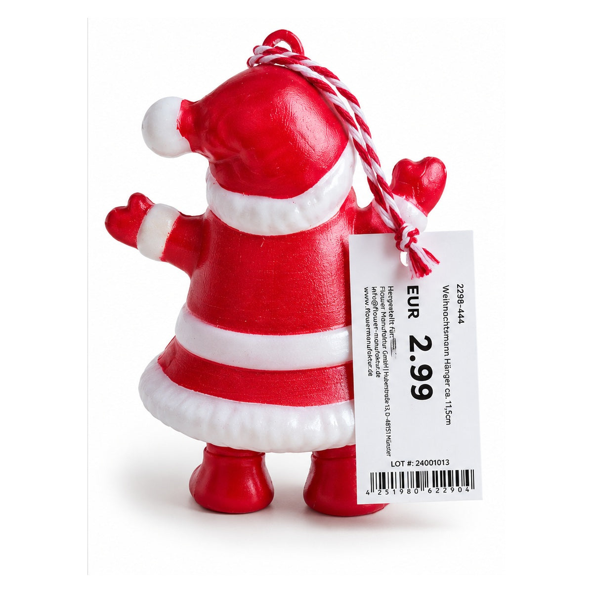 Weihnachtsmann-Anhänger in Rot und Weiß mit Produktetikett in Rückansicht auf weißem Hintergrund
