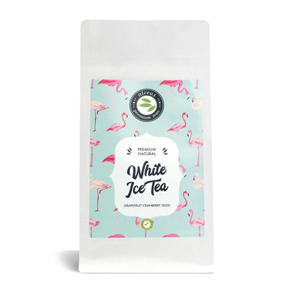 Weiße 100-g-Nachfülltüte White Ice Tea mit Flamingo-Etikett und Grapefruit-Cranberry-Geschmack