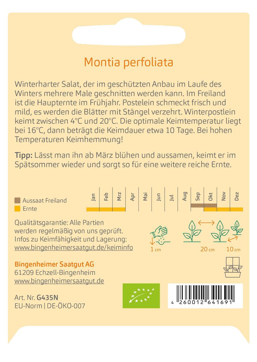 Rückseite Saatgutpackung Winterpostelein – Aussaatkalender, Keimtemperatur 4–20 °C, Abstände 20–30 cm / 10 cm