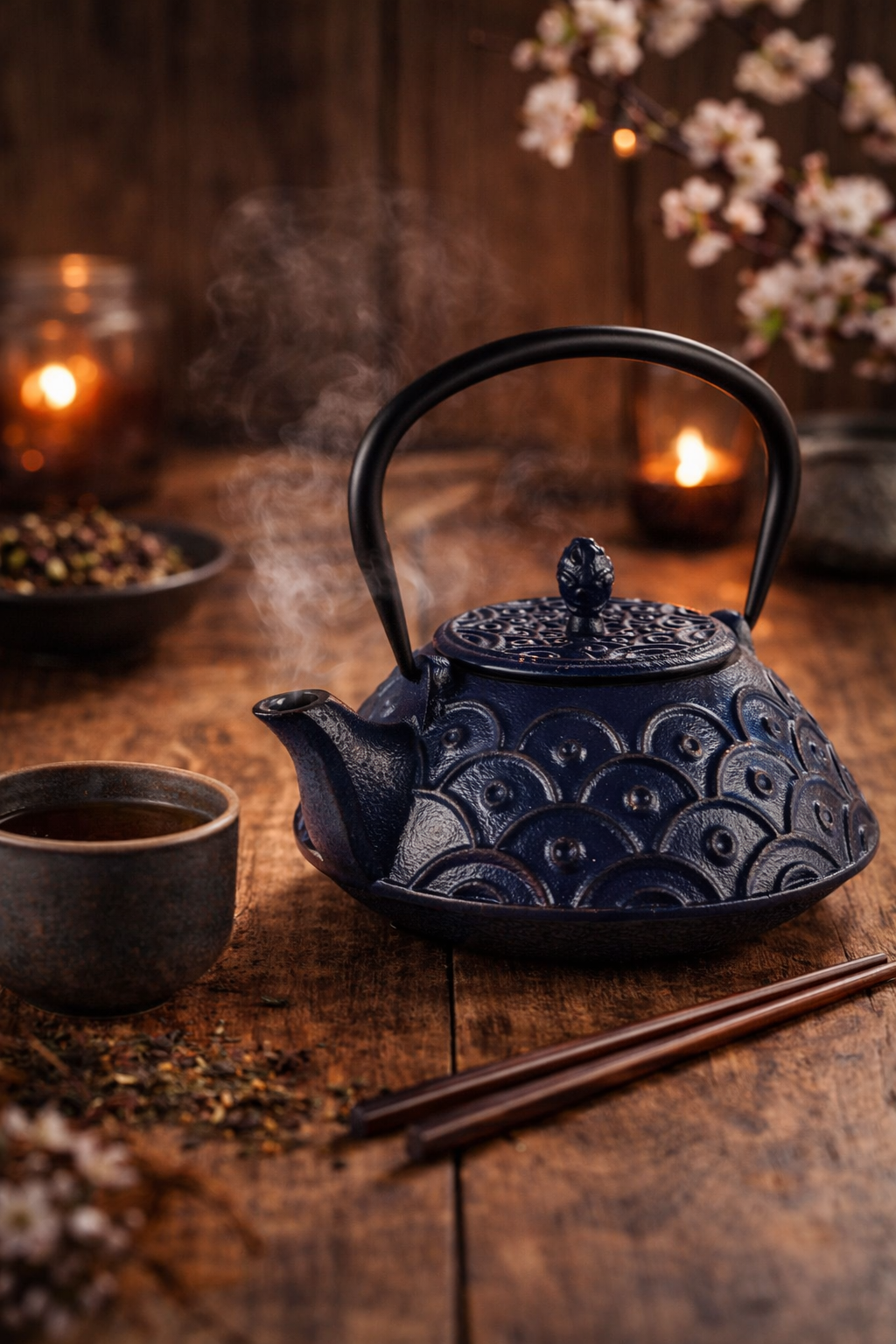 Seiran Gusseisen-Teekanne im stimmungsvollen Tee-Ritual mit Dampf und Teeschale