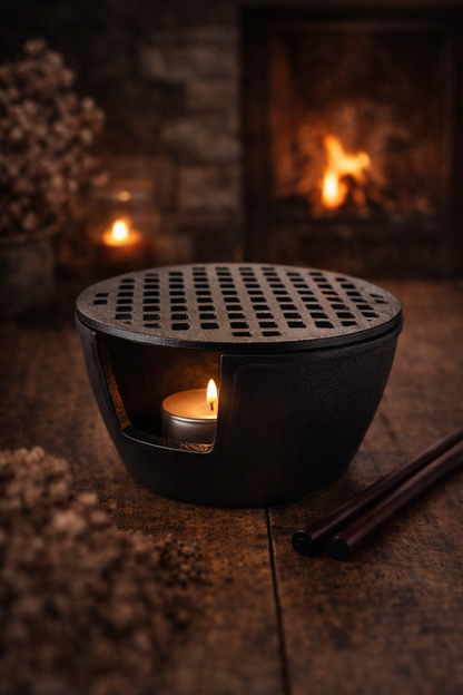 Teekannenwärmer schwarz in Anwendung mit Teelicht was brennt