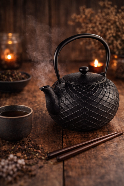 Schwarze Yume Gusseisen-Teekanne in ruhiger Teeritual-Atmosphäre